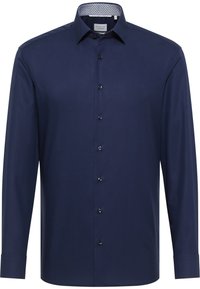 Donkerblauwe long-sleeve shirt van gladde stof, met een klassieke kraag, een sluiting met knopen aan de voorkant en zwarte knopen.
