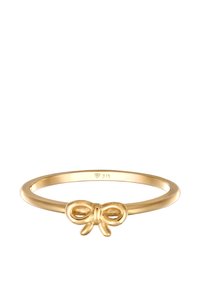 Guldring med en glat bånd, der har en sløjfeformet udsmykning foran. Markeret med "375" for guldets renhed.