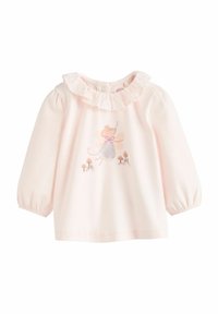 Lichtroze blouse met lange mouwen en een gerimpelde kraag. Bevat een muizelfje ontwerp, versierd met sprankelende details en bloemenelementen.