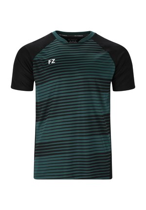 Sport T-shirt med ett design i teal och svart randigt mönster, tillverkad av ett andningsbart material, med korta ärmar och rundad halsringning. FZ-logotypen på framsidan.