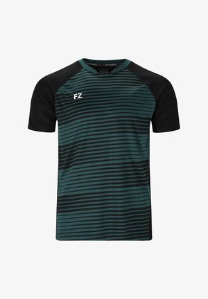 Sport T-shirt med ett design i teal och svart randigt mönster, tillverkad av ett andningsbart material, med korta ärmar och rundad halsringning. FZ-logotypen på framsidan.
