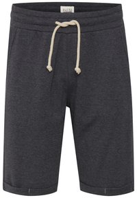 Shorts en coton gris avec cordon de serrage à la taille en beige clair. Présente un design décontracté, une coupe mi-cuisse et une texture unie.