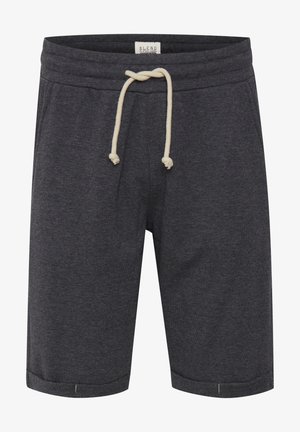 Pantalones cortos de algodón grises con cintura ajustable en beige claro. Presentan un diseño informal, un ajuste a la altura de la rodilla y una textura lisa.