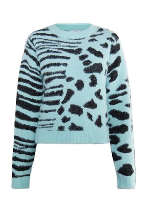 Lys blå sweater med sorte dyreprint mønstre. Har en rund halsudskæring, lange ærmer og blødt, struktureret stof. Croppet design.