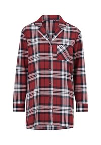 Rood en zwart geruite button-up shirt met lange mouwen, een kraag, een borstzak en contrasterende witte lijnen in het patroon. Katoenen stof.