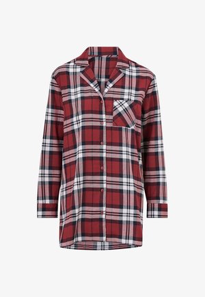 Rood en zwart geruite button-up shirt met lange mouwen, een kraag, een borstzak en contrasterende witte lijnen in het patroon. Katoenen stof.