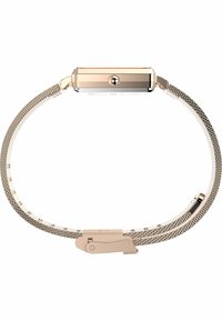 Roségoldene Armbanduhr mit rechteckigem Gehäuse und einem Mesh-Metallband. Verfügt über eine polierte Oberfläche und einen Schnallenverschluss. Schlichtes Design mit klaren Linien.