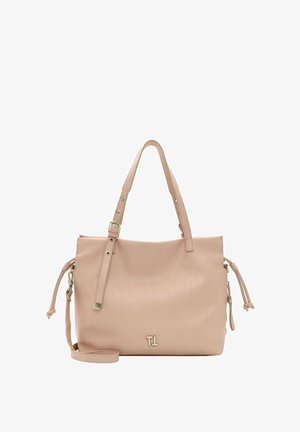 Sac tote en cuir rose avec deux poignées supérieures, une bandoulière et des accessoires en or. Présente des franges sur les côtés et un accent de logo à l'avant.