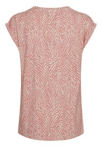 Krátký rukáv top s růžovo-krémovým zigzag vzorem, vyrobený z měkké tkaniny s uvolněným střihem a kulatým výstřihem.