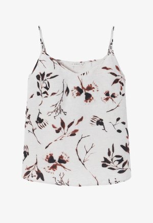 Camisola floreale con base bianca e modelli botanici marroni e neri, spalline sottili e scollatura a V. Tessuto morbido e leggero.