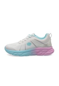 White athletic shoe with light blue accents, featuring a textured upper, thick gradient sole transitioning from blue to pink, and logo detail.