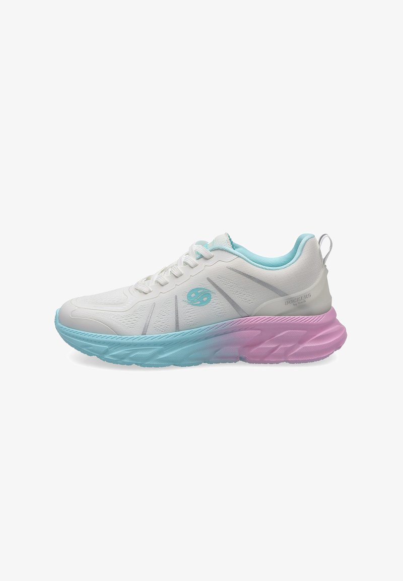 White athletic shoe with light blue accents, featuring a textured upper, thick gradient sole transitioning from blue to pink, and logo detail.