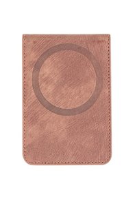 Brown faux leather card holder with a smooth texture, rounded corners, and a circular design accent in the center.