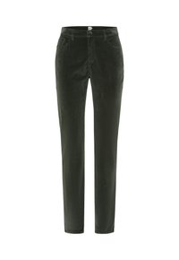 Grønne fløjl bukser med slim fit, der har to forlommer, knaplukning og en glat tekstureret finish.