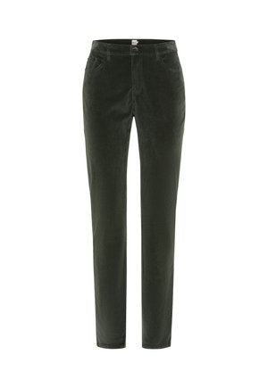 Grønne fløjl bukser med slim fit, der har to forlommer, knaplukning og en glat tekstureret finish.
