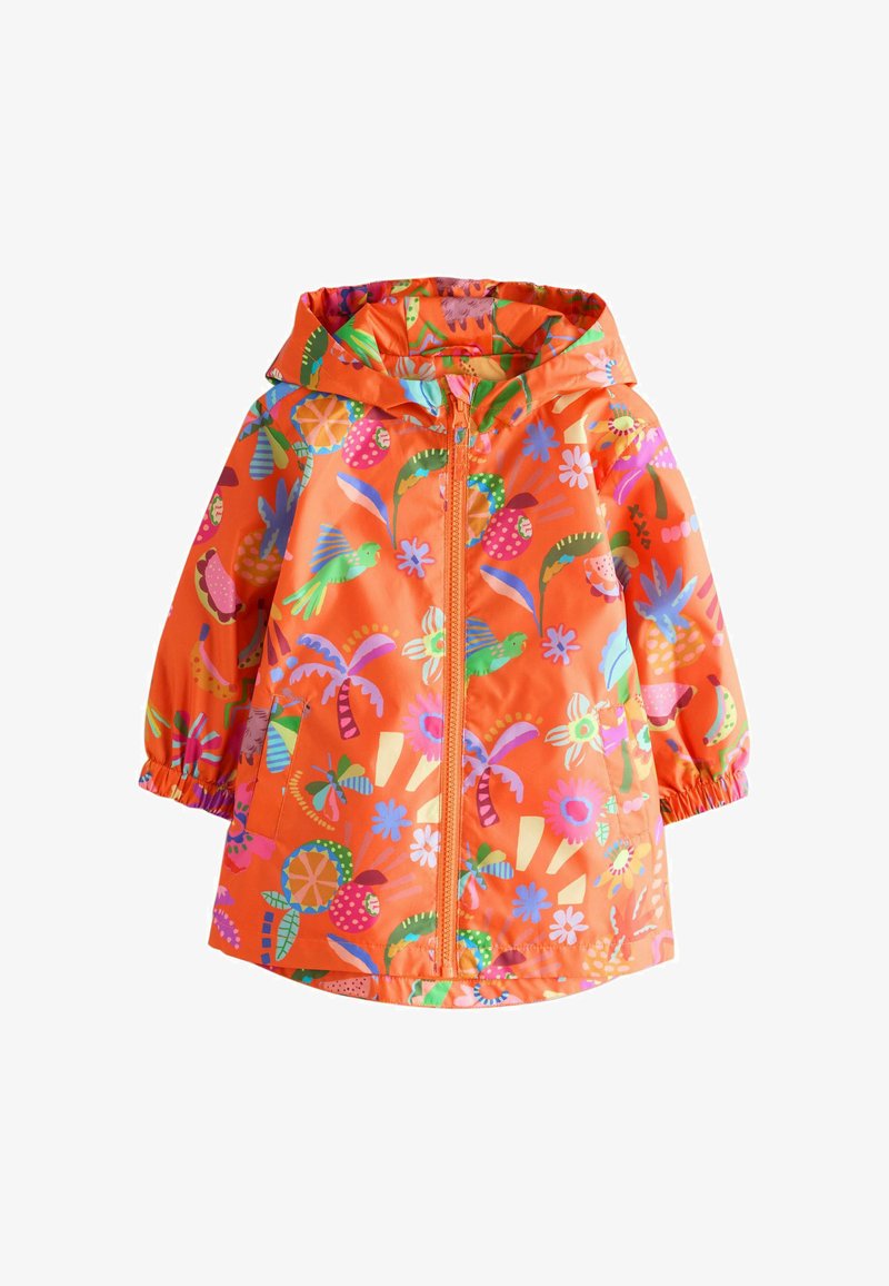Impermeable naranja brillante con capucha, que presenta un vibrante estampado floral y de animales, puños elásticos y una cremallera frontal.
