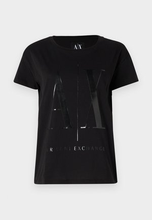 Black cotton t-shirt with short sleeves, featuring a glossy, large "AX" logo and "ARMANI EXCHANGE" text in the center.