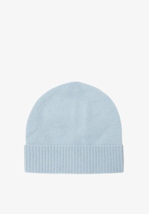 Bonnet tricoté bleu clair avec un revers côtelé et une texture lisse. Conçu en forme arrondie avec des détails de couture subtils sur le sommet.