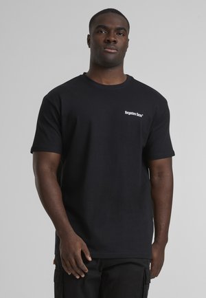 Black cotton t-shirt with short sleeves, crew neck, and white "forgotten faces" text on the chest. Smooth texture and relaxed fit.