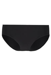 Černé bikiny s barevnou směsí bavlny, bezšvové okraje, nízký střih a hladká texture, nabízející minimalistický design.
