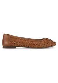 Brown leather woven ballet flat with a small bow and gold-tone hardware detail on the toe and a flat rubber sole.