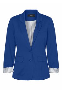 Niebieska marynarka o kroju dopasowanym, z dwoma przednimi kieszeniami i podszewką w paski. Mankiety mają biało-niebieski wzór w paski.
