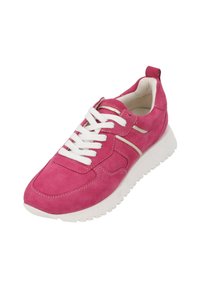 Pink suede sneaker with white laces and rubber sole. Features a rounded toe, contrasting stitching, and a small heel tab.