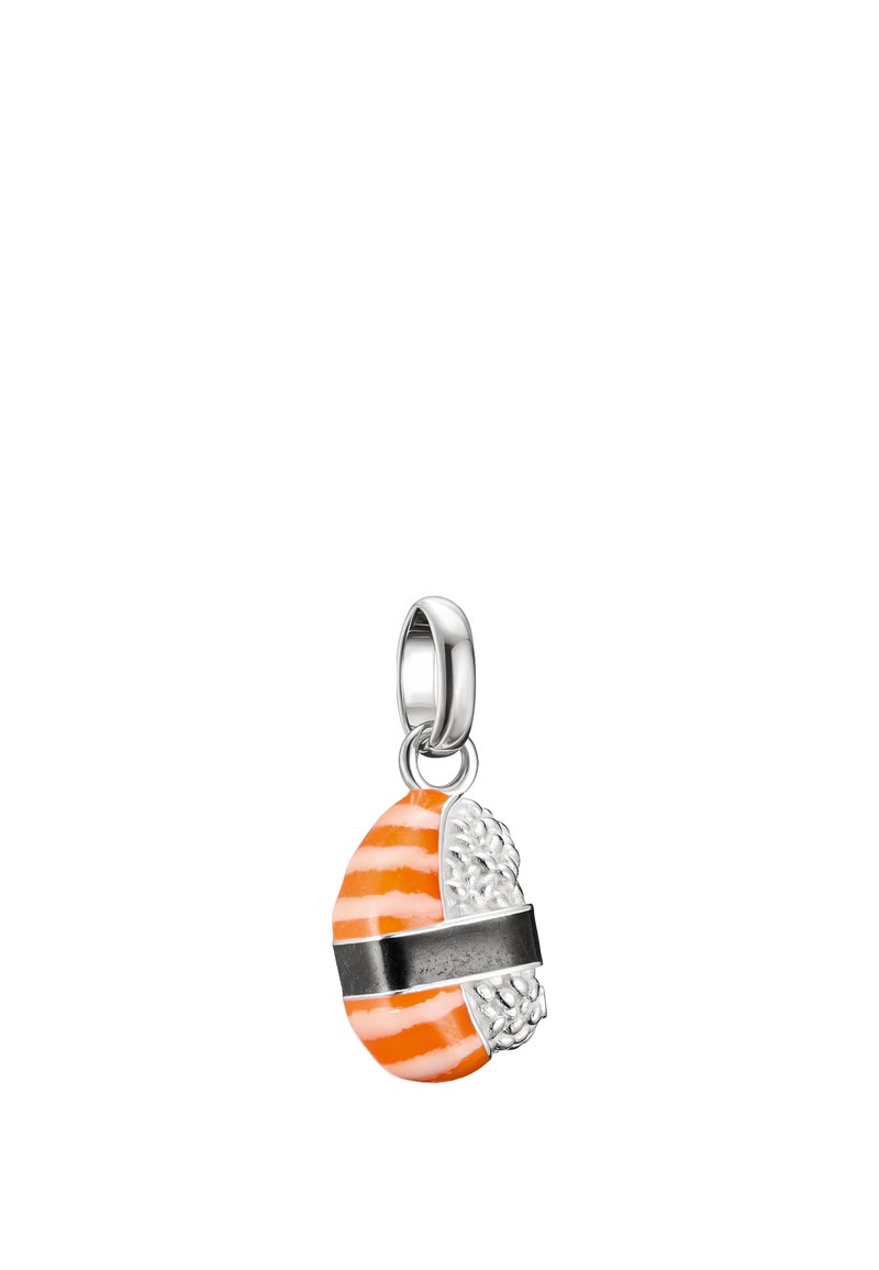 Silver pendant shaped like a sushi piece with orange and white striped enamel and textured silver rice details.