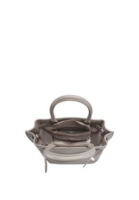 Sac à main en cuir gris avec deux poignées, doté d'un intérieur spacieux, de poches zippées et d'un extérieur texturé. Design à ouverture supérieure.