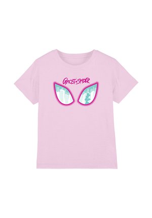 Pink cotton t-shirt featuring a graphic design of stylized glasses showing a cityscape and a figure, with "Ghost-Spider" text above.