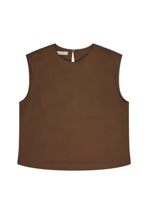 Mouwloze bruine top met ronde halslijn en kleine knoopsluiting aan de achterkant, met eenvoudige, strakke lijnen en een boxy pasvorm.