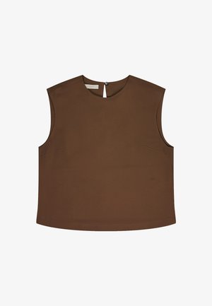 Mouwloze bruine top met ronde halslijn en kleine knoopsluiting aan de achterkant, met eenvoudige, strakke lijnen en een boxy pasvorm.