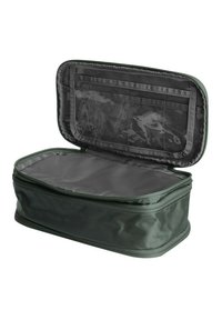 Borsa da stoccaggio verde con zip, dotata di un esterno texturizzato e di un interno spazioso e liscio. Presenta tasche in rete sul coperchio per una migliore organizzazione.