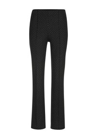 Zwarte high-waisted slim-fit broek met kleine witte stippen en details van een naad aan de voorkant, uitlopend aan de onderkant.