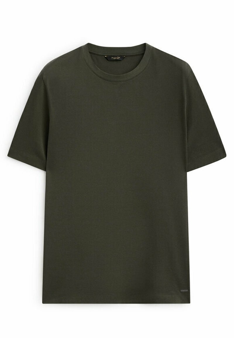 Olivenfarbendes T-Shirt mit kurzen Ärmeln aus Baumwolle. Verfügt über einen runden Halsausschnitt und einen geraden Saum. Glatte Textur ohne sichtbare Muster.