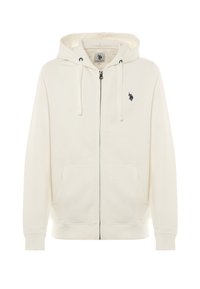 Felpa con zip color crema, dotata di tasche frontali, cappuccio con lacci e piccolo logo ricamato scuro sul lato sinistro del petto.