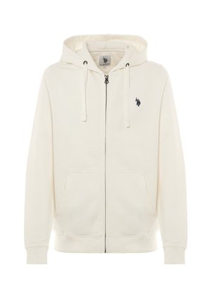 Felpa con zip color crema, dotata di tasche frontali, cappuccio con lacci e piccolo logo ricamato scuro sul lato sinistro del petto.