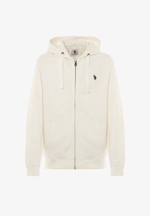 Felpa con zip color crema, dotata di tasche frontali, cappuccio con lacci e piccolo logo ricamato scuro sul lato sinistro del petto.