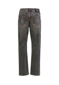 Black denim jeans with a straight leg design, featuring contrasting stitching, pockets with unique embroidered detail, and a logo patch at the waist.
