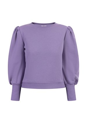 Fialová mikina s dlouhými rukávy typu puff, kulatým výstřihem a ribovanými manžetami. Vyrobena z měkké tkaniny s hladkou texturou.