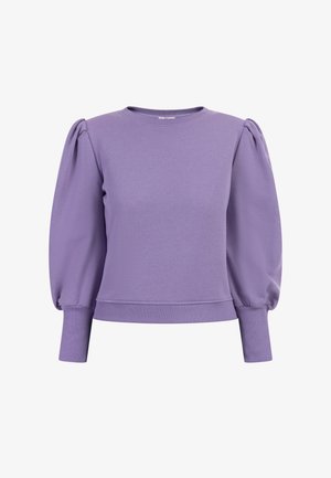 Sweatshirt violet avec de longues manches bouffantes, un col rond et des poignets côtelés. Fabriqué en tissu doux avec une texture lisse.