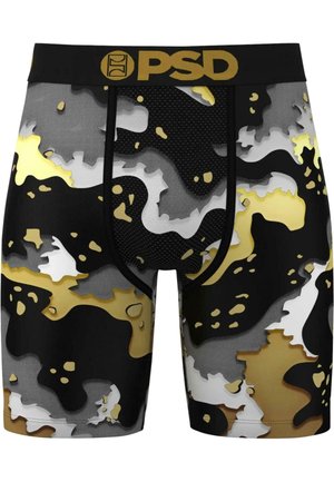 Bañadores tipo boxers con un patrón de camuflaje en negro, gris y dorado, fabricados con un tejido de malla transpirable, con una cinturilla negra que lleva un logotipo dorado.