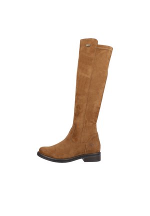 Brown suede over-the-knee boots with a rounded toe, flat heel, and subtle logo detail. Smooth texture and sleek silhouette.