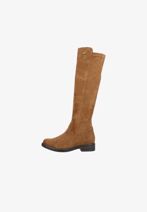 Brown suede over-the-knee boots with a rounded toe, flat heel, and subtle logo detail. Smooth texture and sleek silhouette.