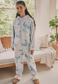 Hellblaues Fleece-Overall mit Kapuze, ausgestattet mit einem Cartoon-Tierdruck. Weiche Textur, lange Ärmel und Vorderreißverschluss. Bequeme Hausschuhe sind enthalten.