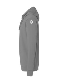 Grauer Hoodie mit Kordelzug, verfügt über eine Seitennaht und ein leichtes Logo auf der linken Schulter. Hergestellt aus weichem, strukturiertem Stoff.