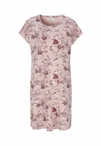 Kukallinen mekko pehmeästä vaaleanpunaisesta kankaasta, rento istuvuus, lyhyet hihat, pyöreä pääntiE, jossa on viininpunaisia ja valkoisia kukkakuoseja.