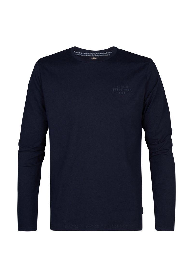 Marineblauwe longsleeve t-shirt van katoen, met een ronde halslijn en een subtiele logo op de borst. Zachte textuur, casual pasvorm.