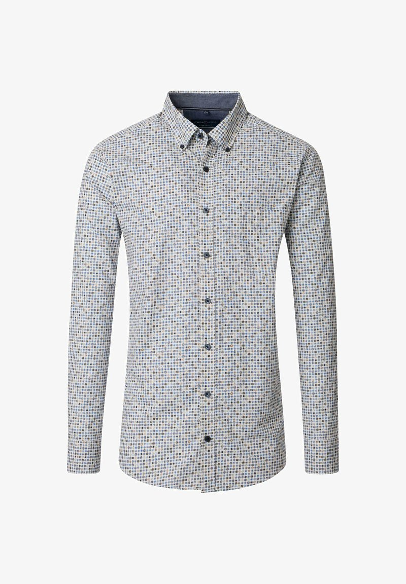 Long-sleeve button-up shirt in light blue and white, featuring a geometric pattern of small circles in navy and beige.
