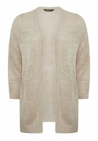 Beige öppen cardigan med trekvartslång ärm, texturerad stickad tyg och fickor med lappar. Har subtila mönstervariationer genom hela plagget.